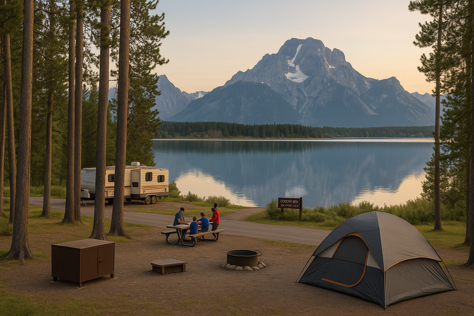 Wide shot of Colter Bay Campground with Jackson Lake and Mount Moran