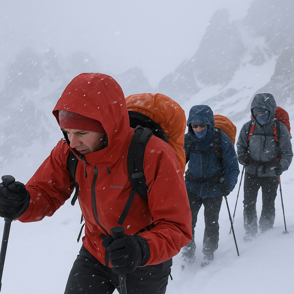 Backpackers in full storm gear 