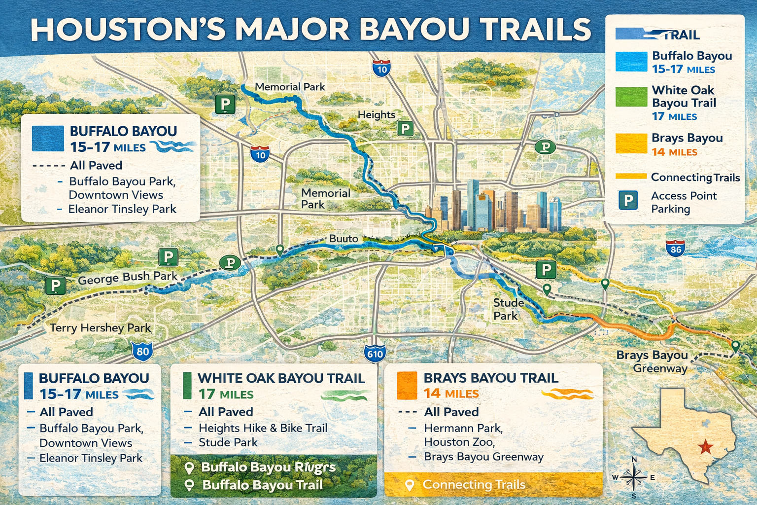 Houston's Major Bayou Trails Map