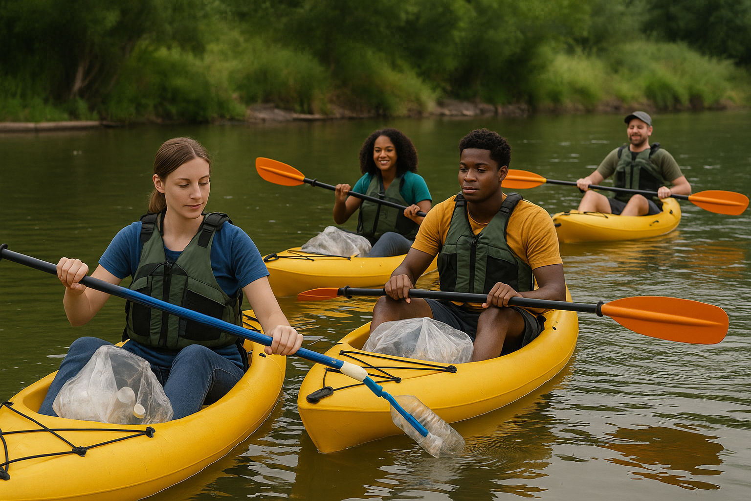 Kayakers participating in a riverside cleanup 