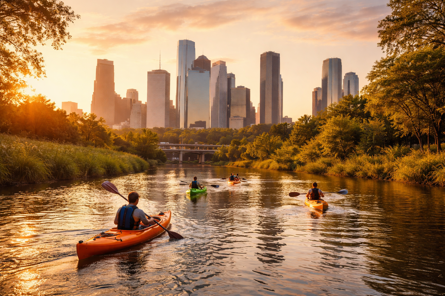 kayakers on Buffalo Bayou