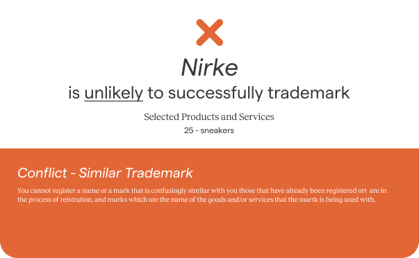 'Nirke' is unlikely to successfully trademark due to similar trademark.