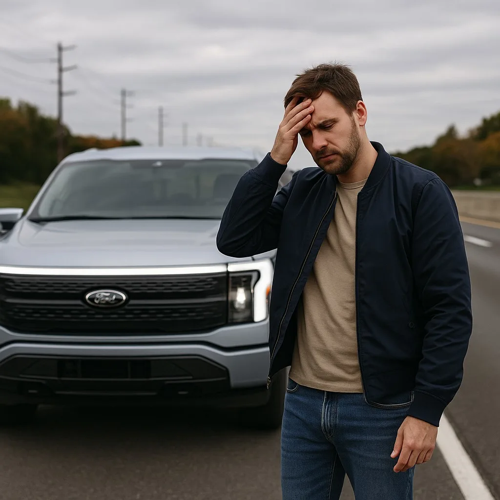 A sleek EV parked roadside at dusk with faint lightning-bolt overlay and tagline text: “EVs Don’t Break… Until They Do.”