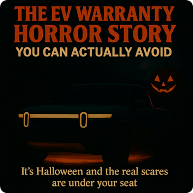 Electric vehicle in a dark garage glowing orange from beneath the seat, Halloween theme for The EV Warranty Horror Story You Can Actually Avoid