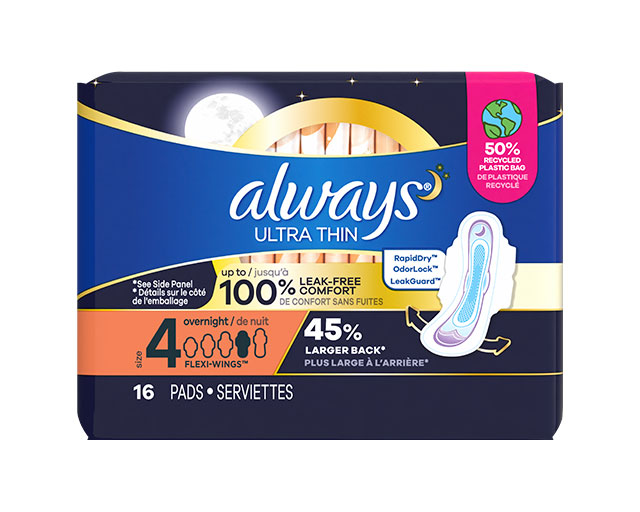 Always Ultra Thin Size 4 Overnight Pads With Wings, Unscented