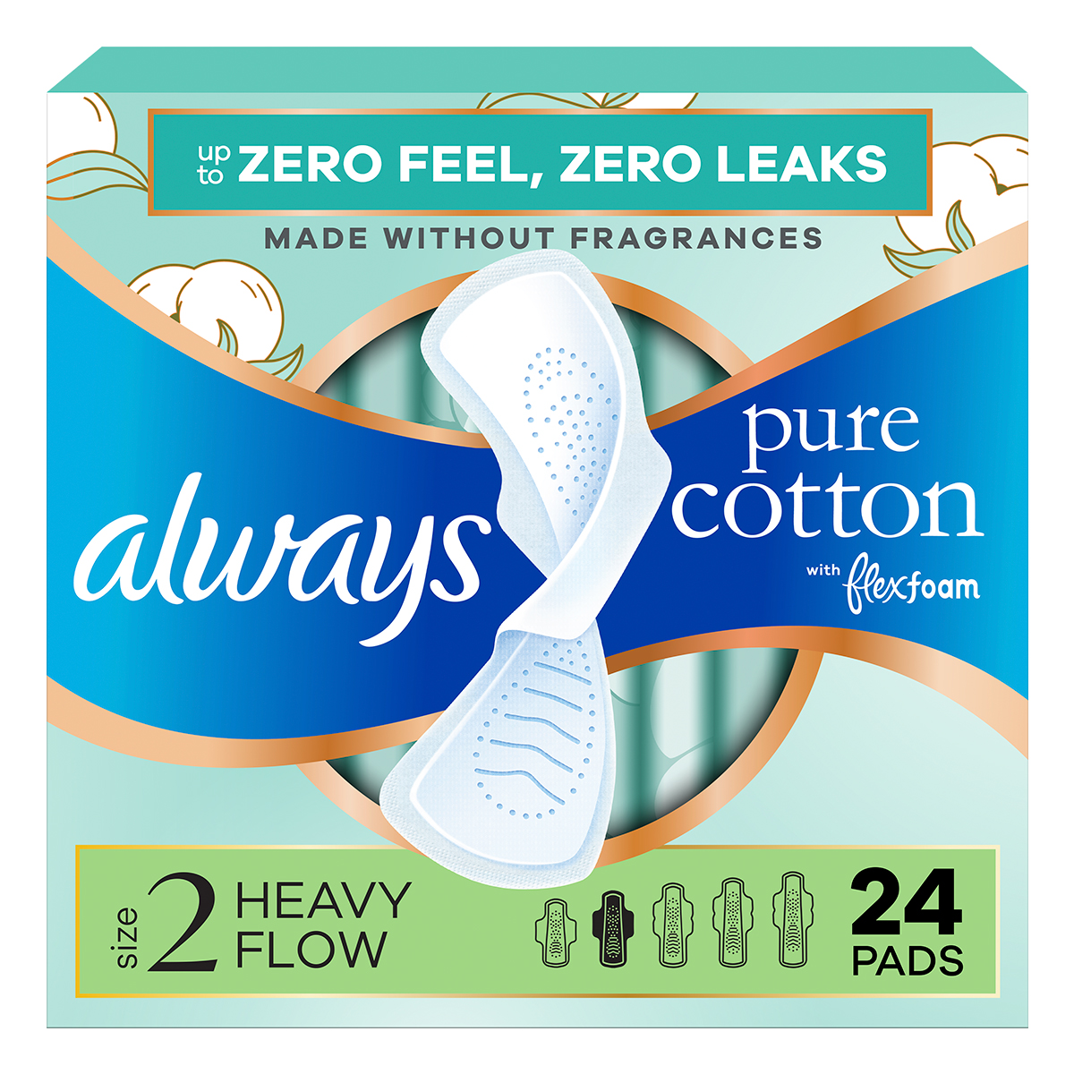 Always Pure Cotton pads packaging, size 2, suitable for heavy flow with flexi-wings, unscented and dye-free 24 count