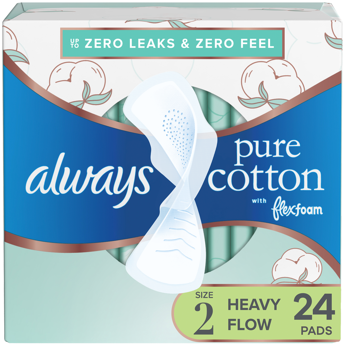 Always Pure Cotton pads packaging, size 2, suitable for heavy flow with flexi-wings, unscented and dye-free 24 count