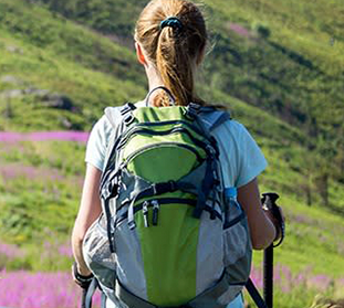 Hiker with a backpack walking through a vibrant landscape filled with purple flowers and green hills, enjoying nature