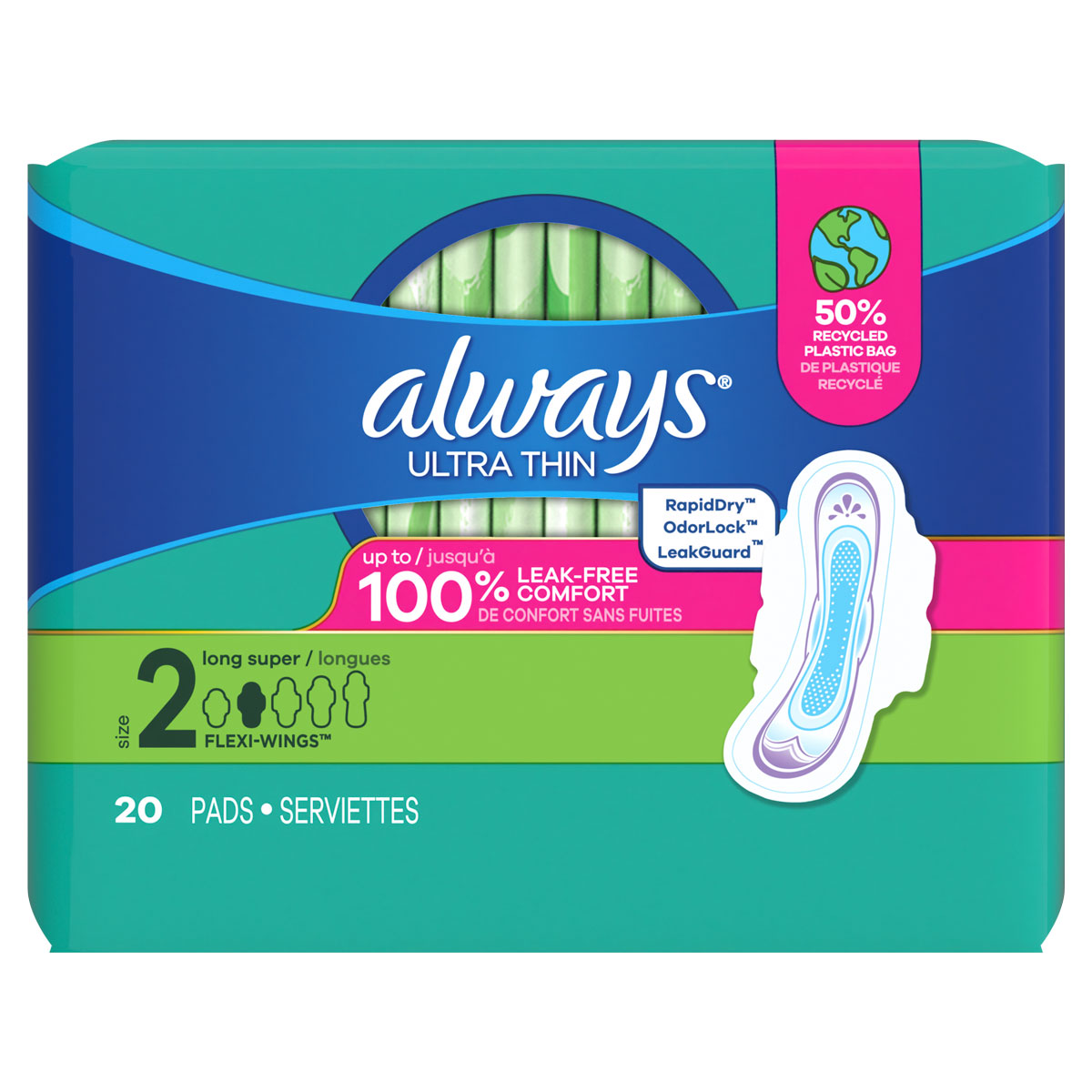 Always Ultra Thin Size 2 Long Super Pads With Wings, Unscented
