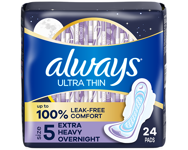 Product-Always Ultra Thin pads packaging featuring leak-free comfort, Flexi-Wings, and 75% larger back for overnight protection