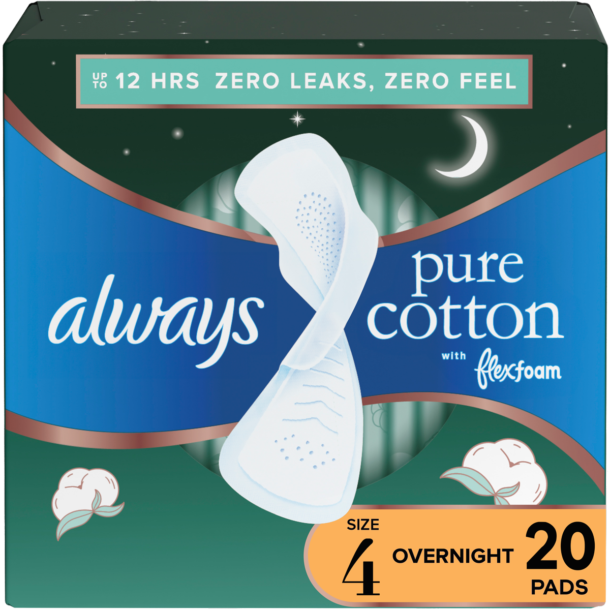 Always Pure Cotton pads in a teal box, offering 12 hours of protection, unscented, and designed for overnight use.