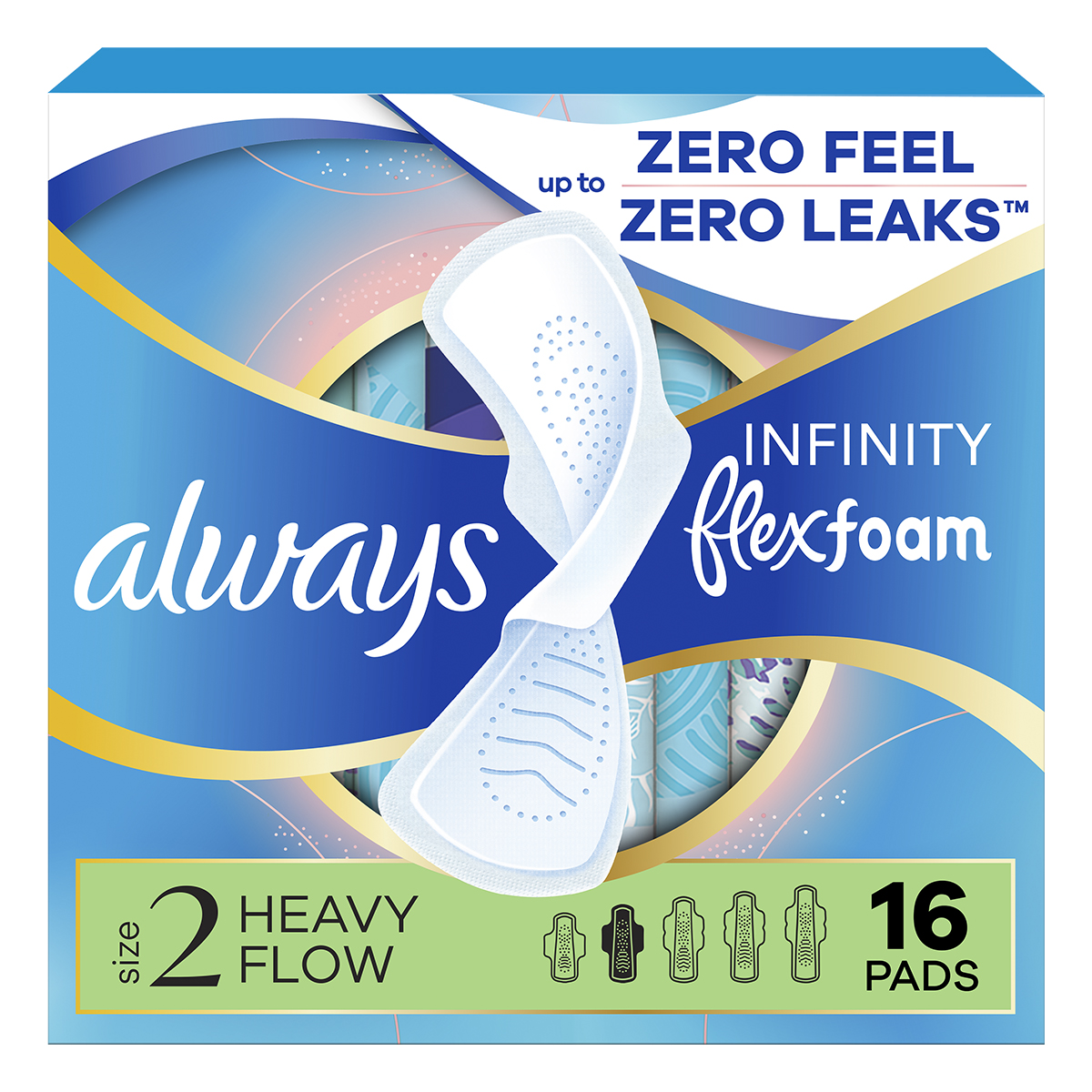 Pack of Always Infinity FlexFoam pads, size 2, designed for heavy flow; unscented and flexible for comfort