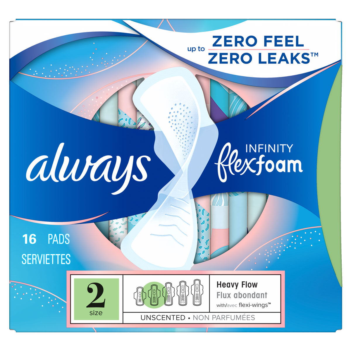 Pack of Always Infinity FlexFoam pads, size 2, designed for heavy flow; unscented and flexible for comfort