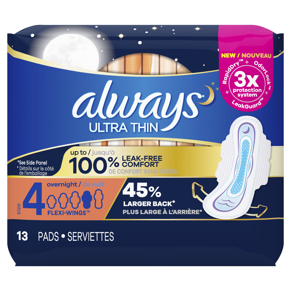 Ultra-Thin-Fresh-Size-4-Overnight-Pads-With-Wings-Unscented-13-Count