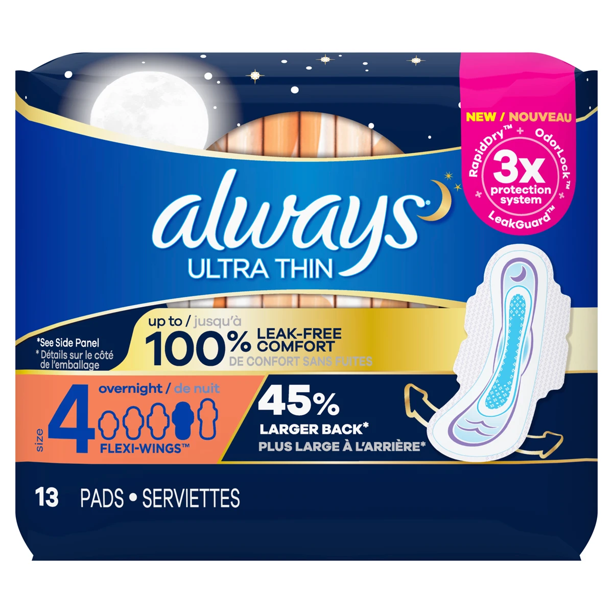 Always Ultra Thin Size 4 Overnight Pads with Wings, Unscented 76ct