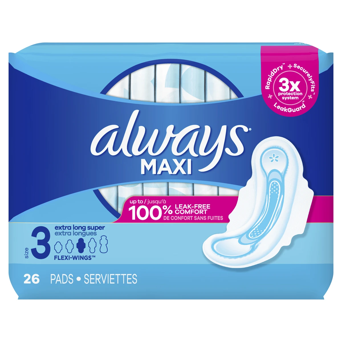 Always Maxi Size 3 Extra Long Super Pads with Wings, Unscented 