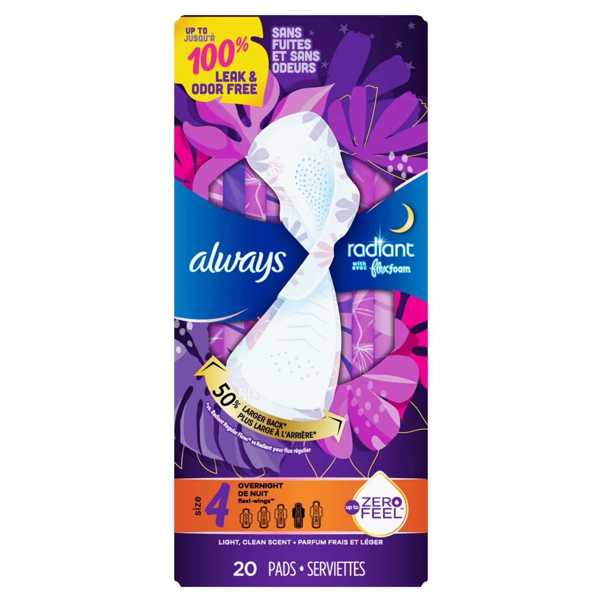 Always Radiant Overnight Feminine Pads for Women, Size 4 for Nighttime,  with Wings, Scented, 10CT 