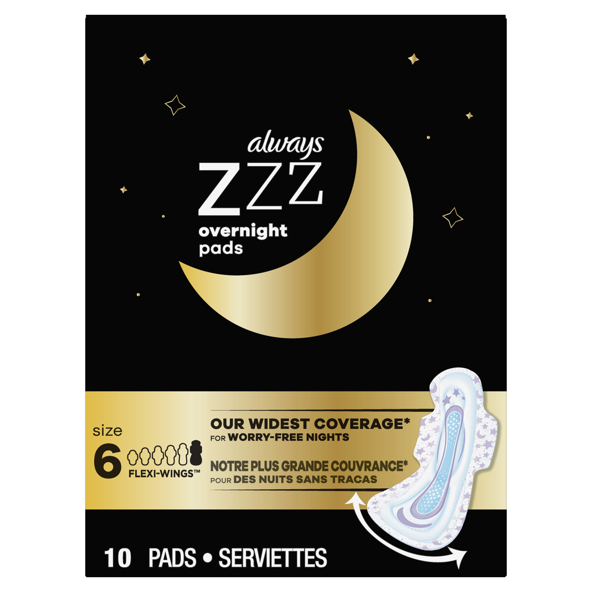 Always-ZZZ-Overnight-Pads-for-Women-Size-6-Unscented-with-Wings-10-Count