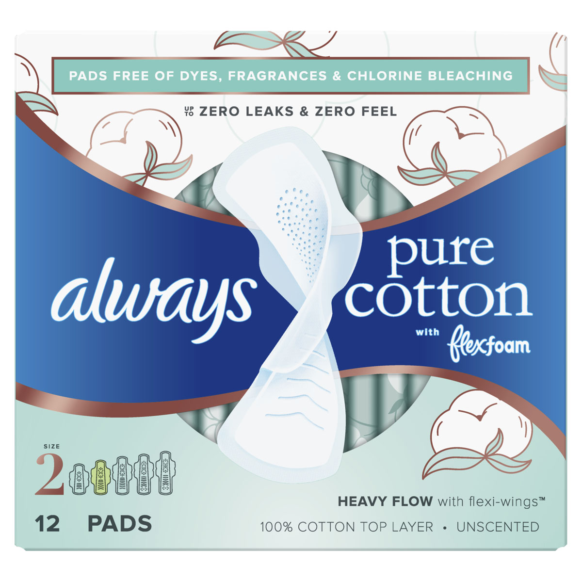 Always Pure Cotton with FlexFoam Size 2 Heavy Flow Pads with wings