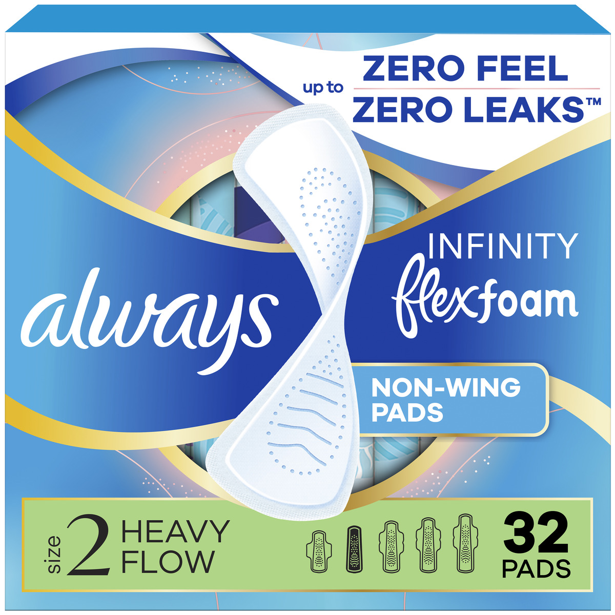 Packaging for Always Infinity FlexFoam pads, unscented, size 2, designed for heavy flow protection and comfort