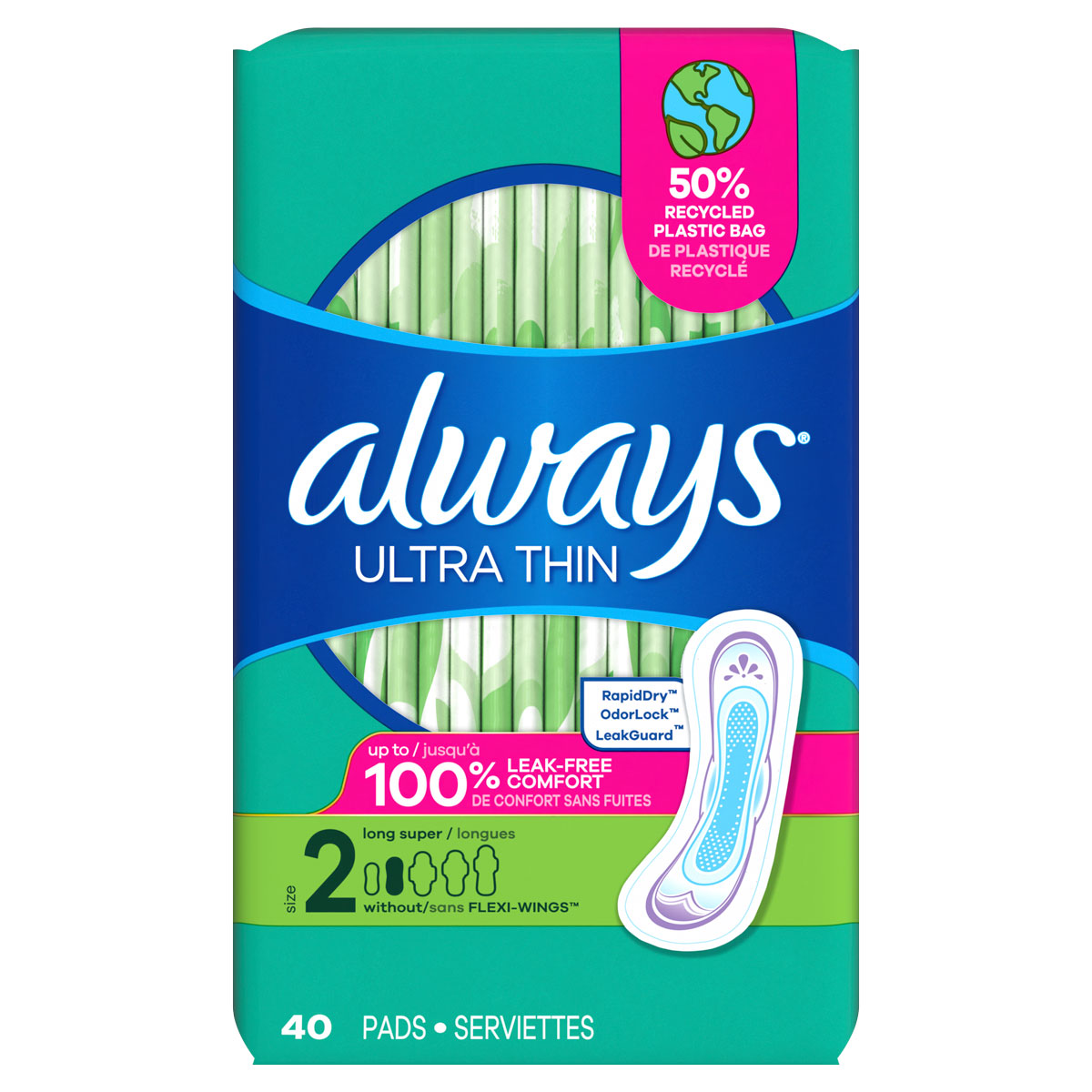 Always Ultra Thin Size 2 Long Super Pads Without Wings, Unscented