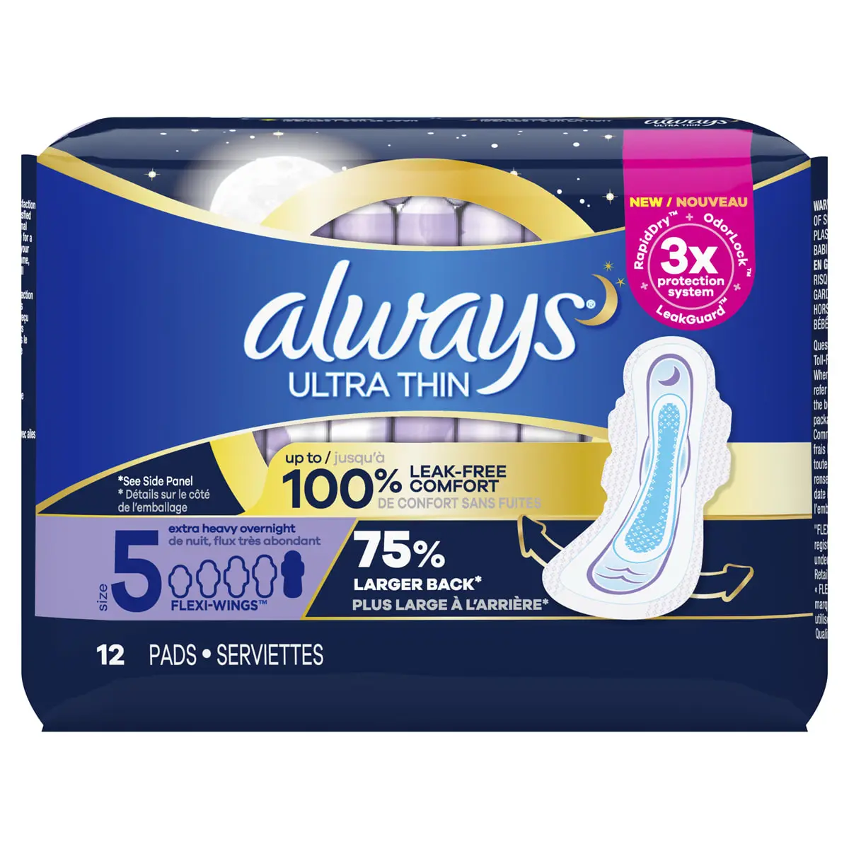 Product-Always Ultra Thin Size 5 Extra Heavy Overnight Pads With Wings, Unscented