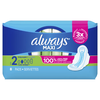 Always Maxi Size 2 Long Super Pads with Wings, Unscented