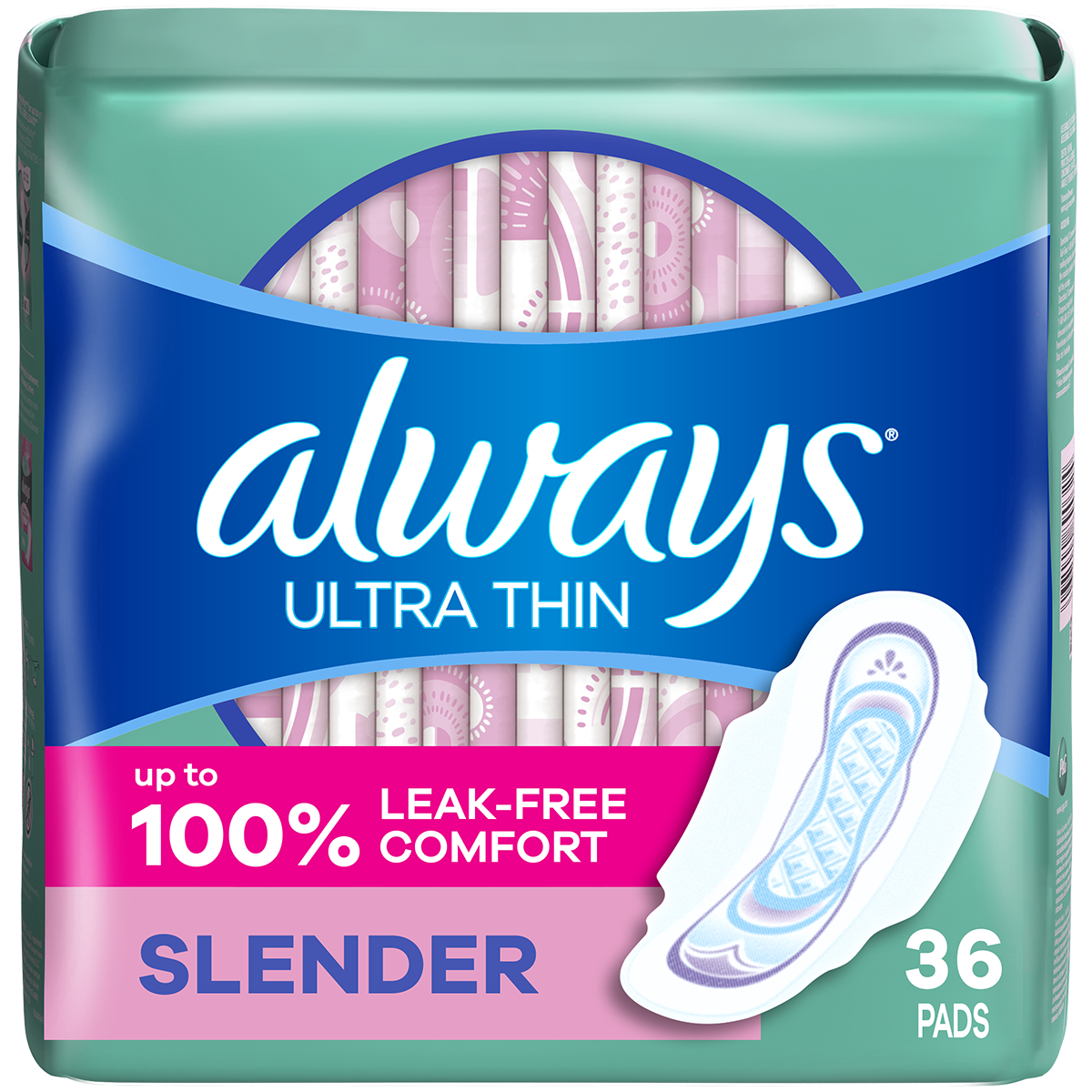Always Ultra Thin pads package featuring 36 leak-free comfort pads with Flexi-Wings and eco-friendly recycling info