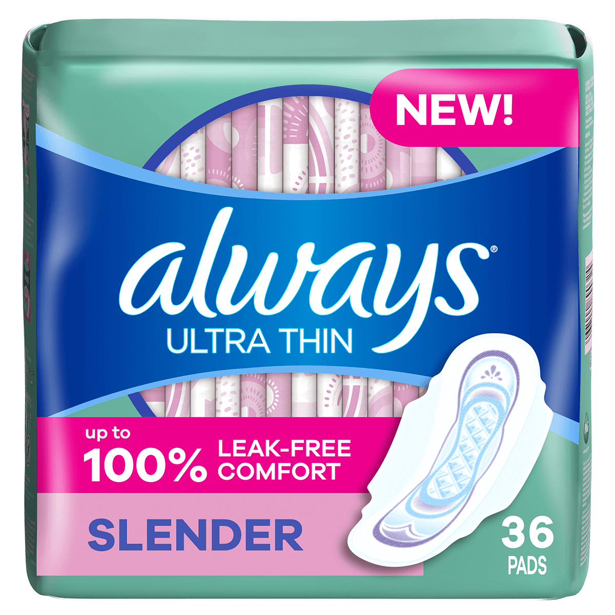 Always Ultra Thin pads package featuring 36 leak-free comfort pads with Flexi-Wings and eco-friendly recycling info