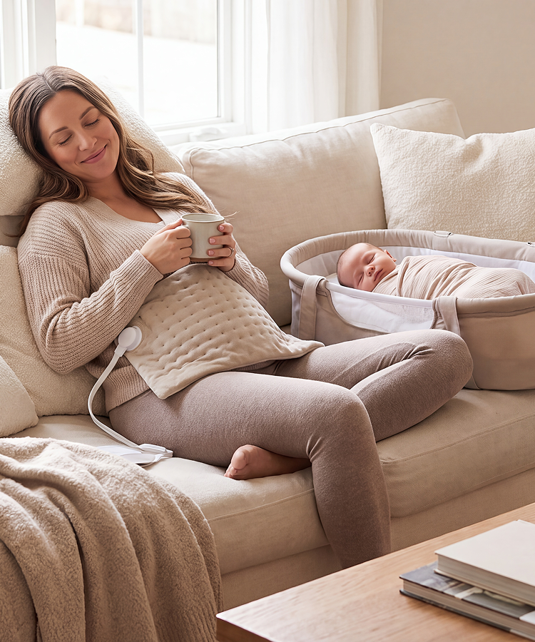 Smiling pregnant mother holds her belly while her young daughter gazes lovingly at her in a bright, home environment