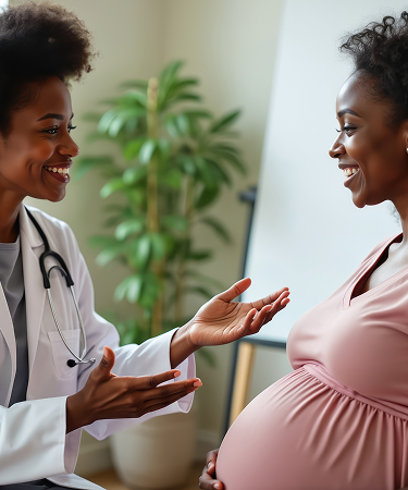 Healthcare professional Examining the preganant women, and joyfully having conversation