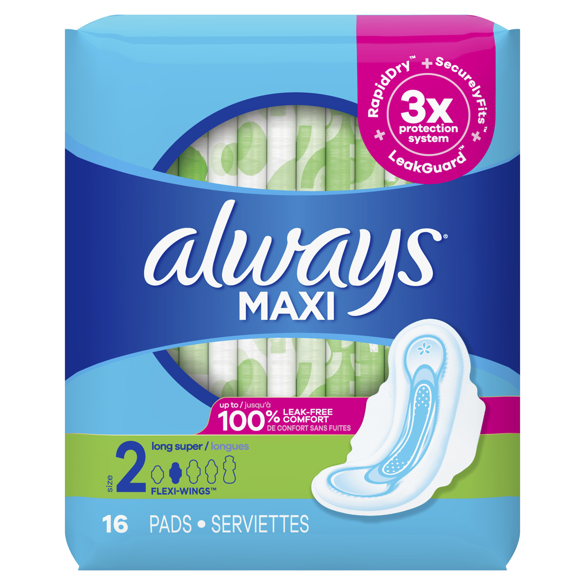 Always Maxi Size 2 Long Super Pads With Wings, Unscented