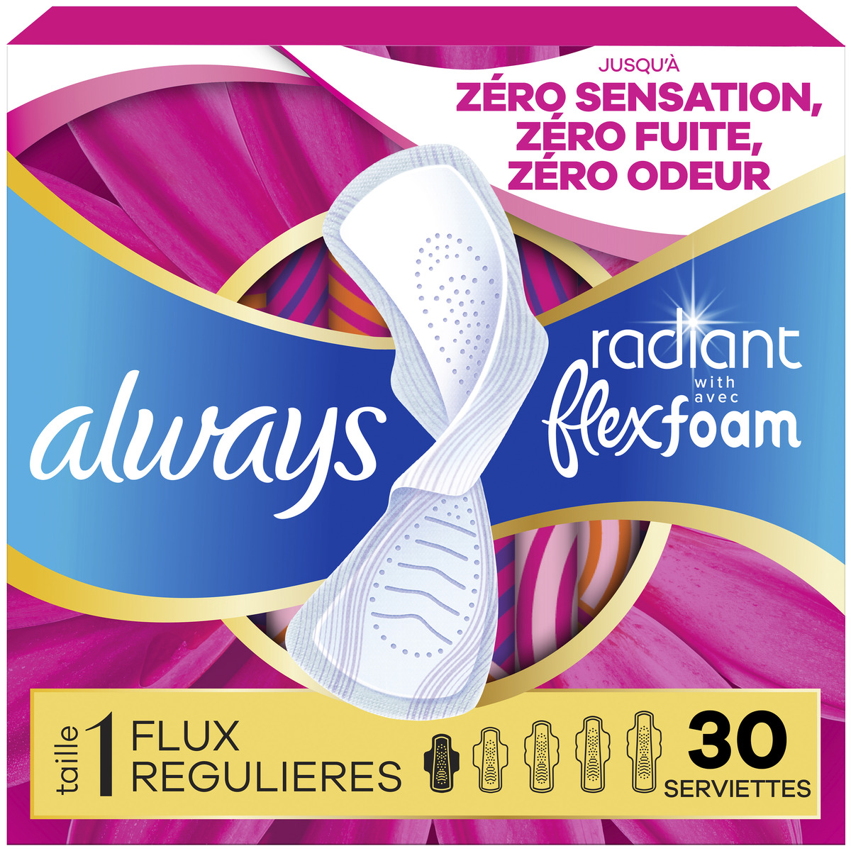 Always Radiant Flexfoam pads, size 1, pack of 30, designed for leak-free protection with a clean scent