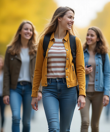 Smiling young woman walking confidently outdoors with friends while feeling fresh on her period