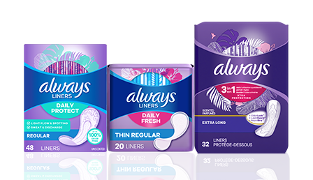 Always brand menstrual products, including pads for daily use, thin minis, and extra long protection