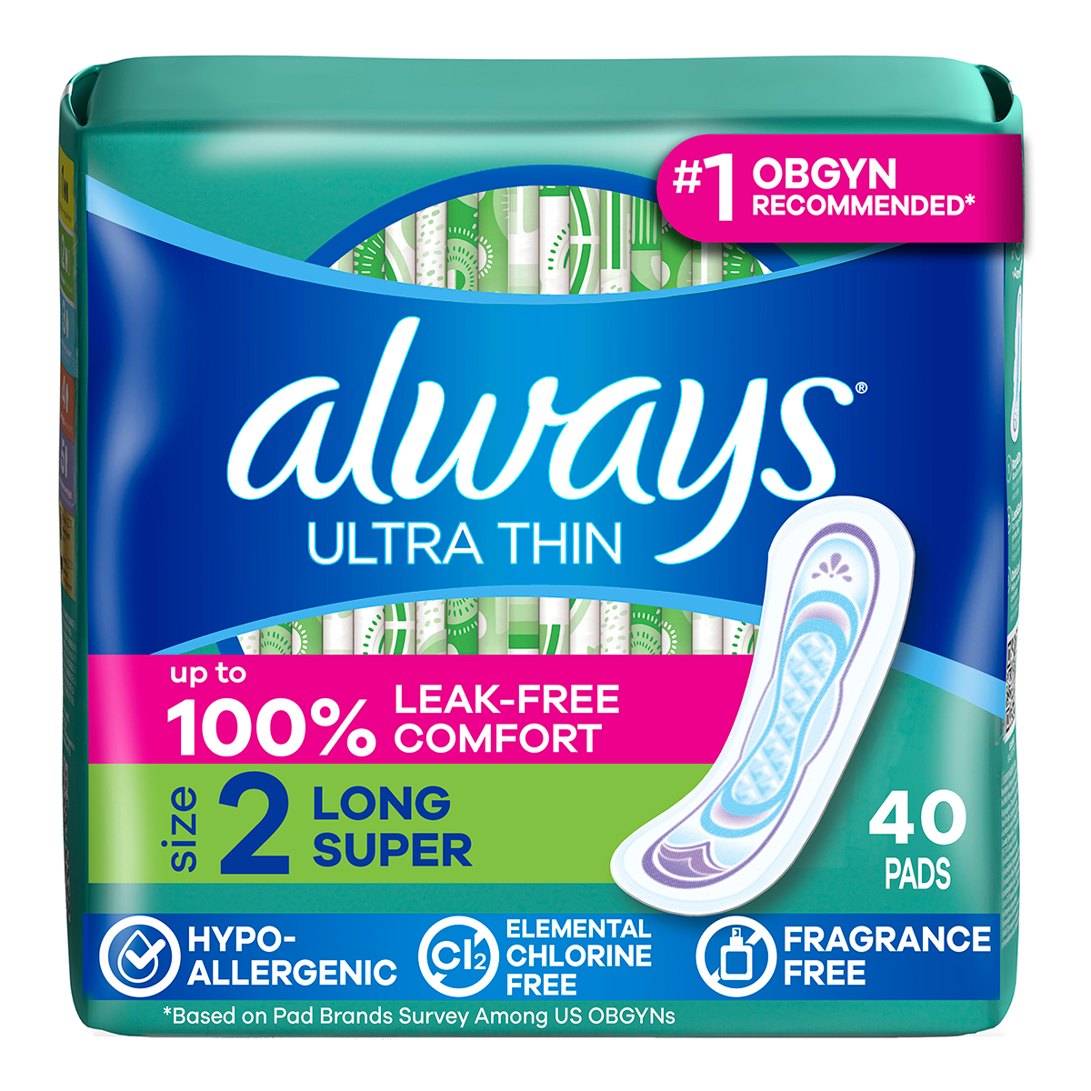 Always Ultra Thin Size 2 Long Super Pads Without Wings, Unscented