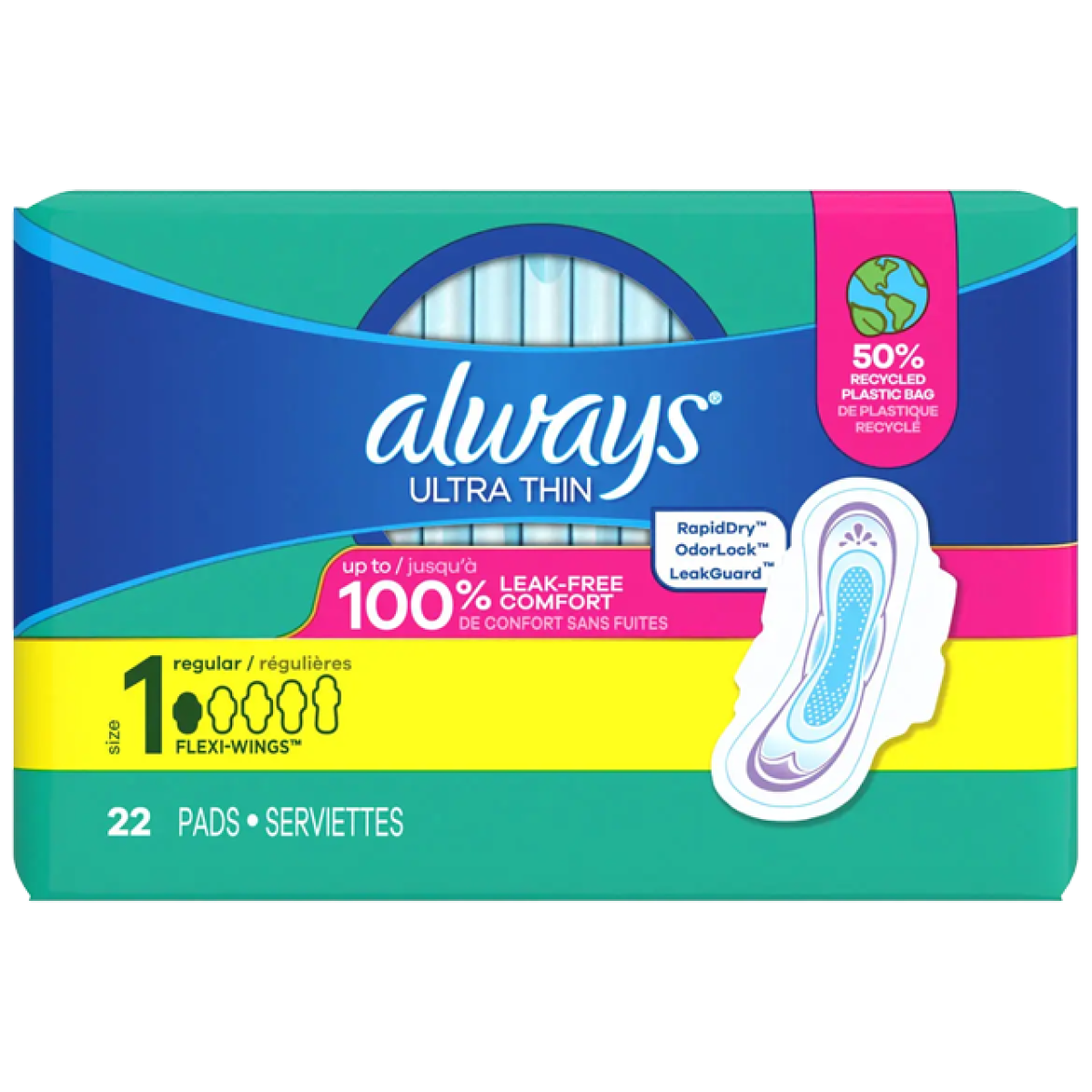 Always Ultra Thin pads packaging featuring leak-free comfort and a 50% recycled plastic bag. Contains 22 regular pads