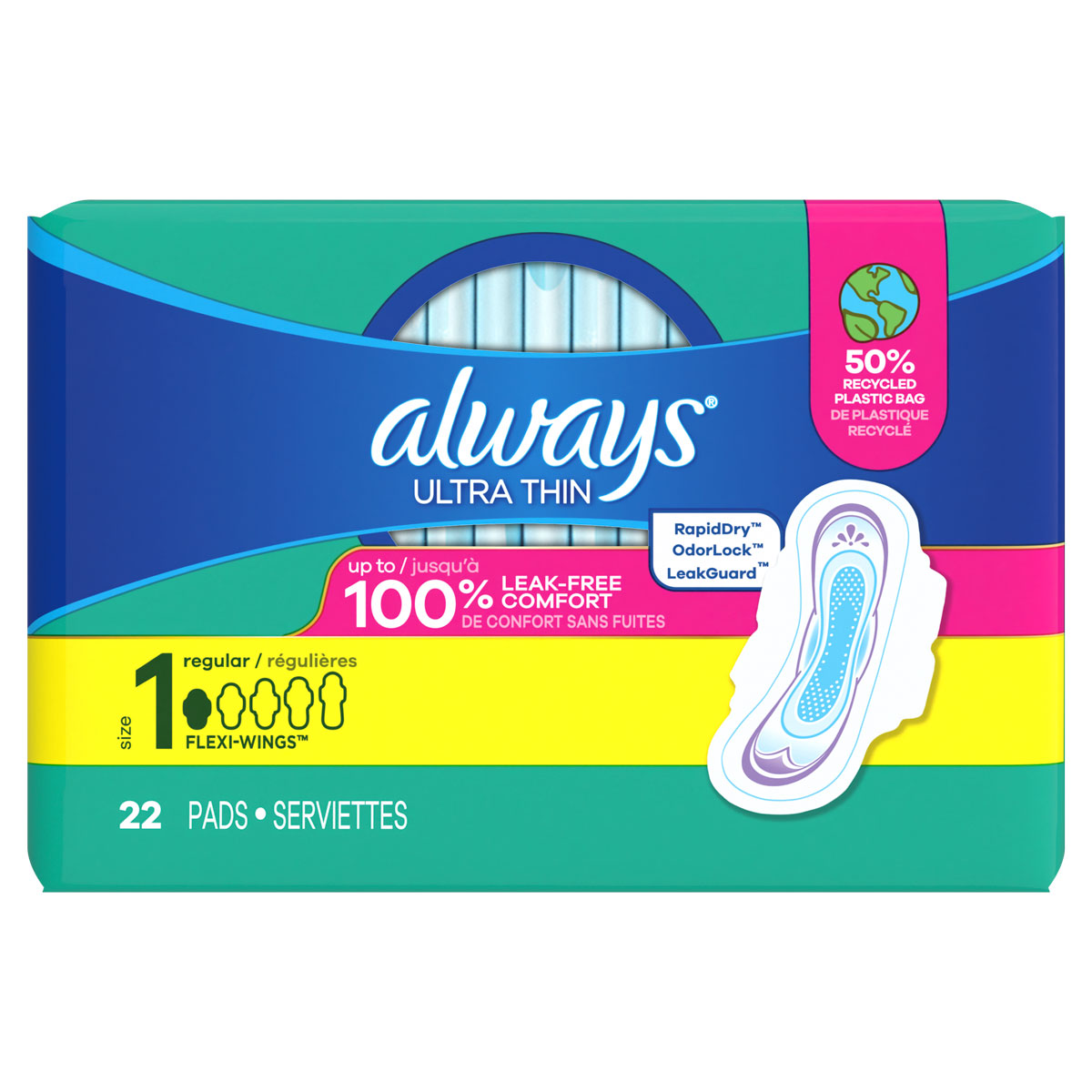 Always Ultra Thin Size 1 Regular Pads With Wings, Unscented