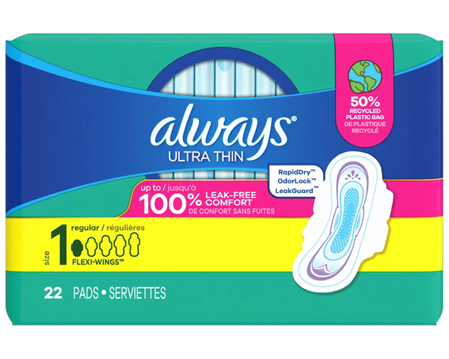 Always Ultra Thin pads packaging featuring leak-free comfort and a 50% recycled plastic bag. Contains 22 regular pads