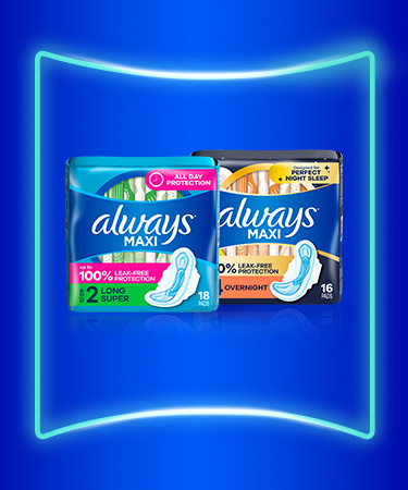 Always Maxi menstrual products displayed in colorful packaging on a blue background, highlighting comfort and absorbency