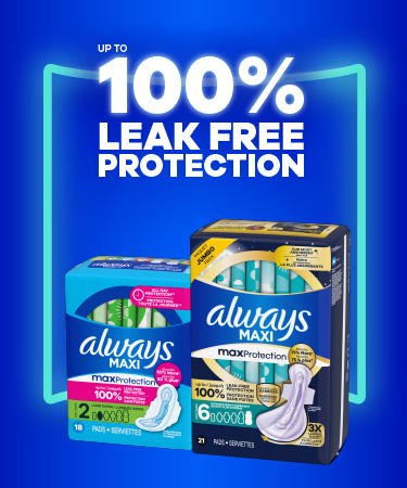 Banner showcasing Always Maxi sanitary pads, emphasizing up to 100% leak-free protection. Features two product packages with colorful designs, highlighting key benefits like maximum protection and absorbency.