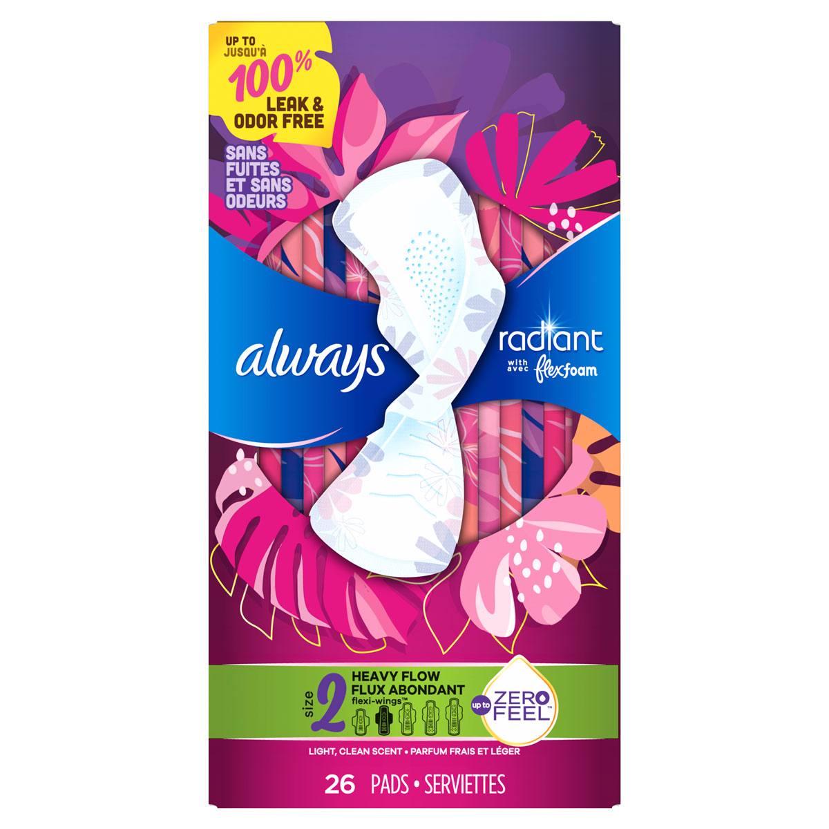 Always Radiant pads packaging for heavy flow, featuring floral design and Zero Feel technology, providing leak and odor protection