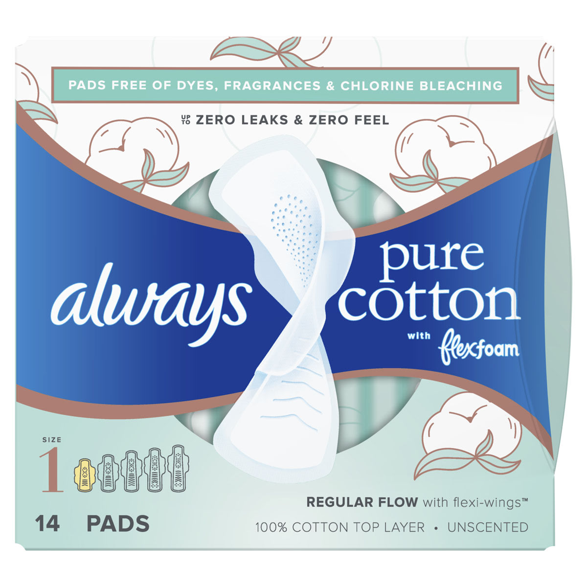 Always Pads, Pure Cotton with Flexfoam, Regular Flow with Flexi