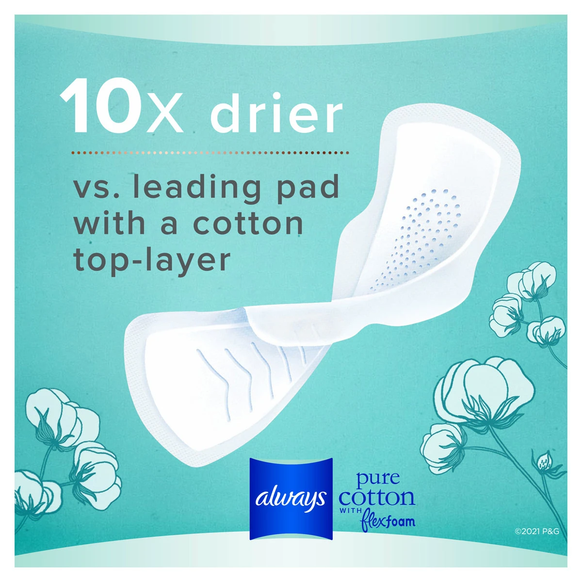 Always Pure Cotton, Feminine Pads For Women, Size 2 Heavy Flow Absorbency,  Multipack, With Flexfoam, With Wings, Unscented, 24 Count x 3 Packs (72