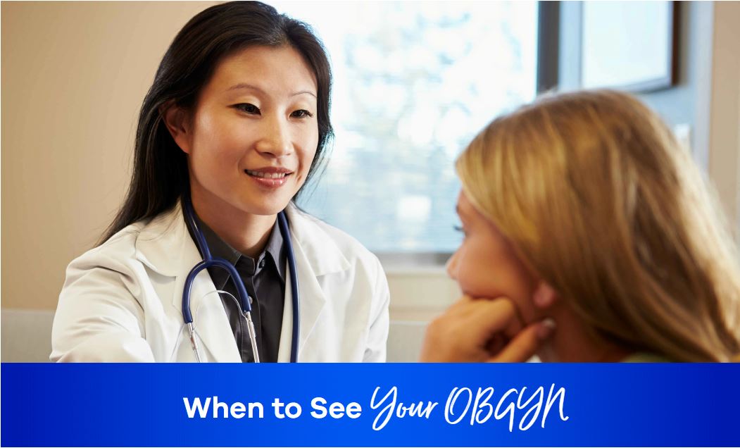 A healthcare provider consults with a patient in a bright, inviting office about women's health appointments