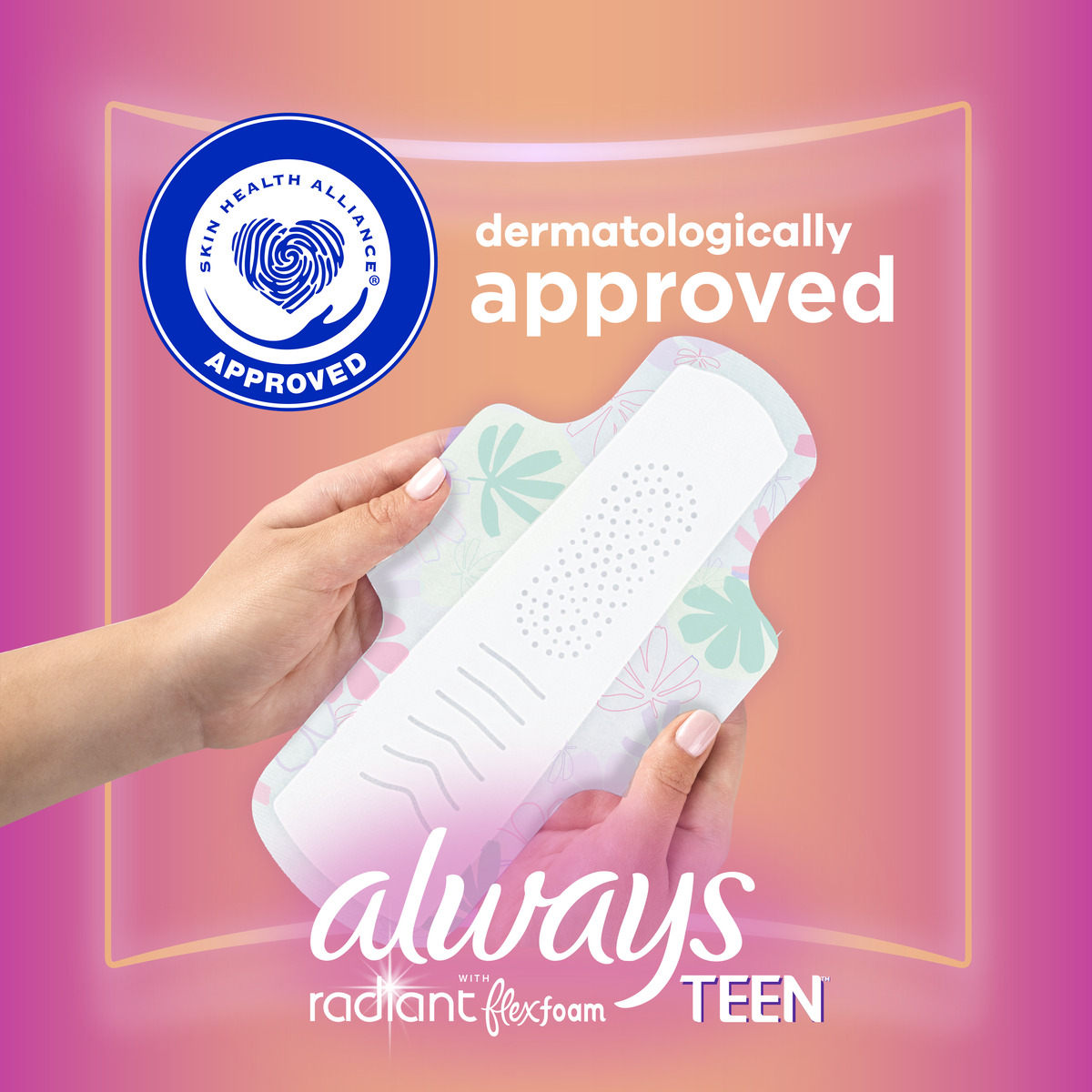 Image of a hand holding a dermatologically approved Always Teen pad against a colorful background