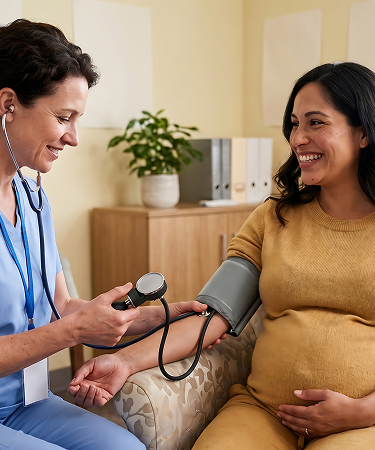 A healthcare professional checking the BP of a pregnant women