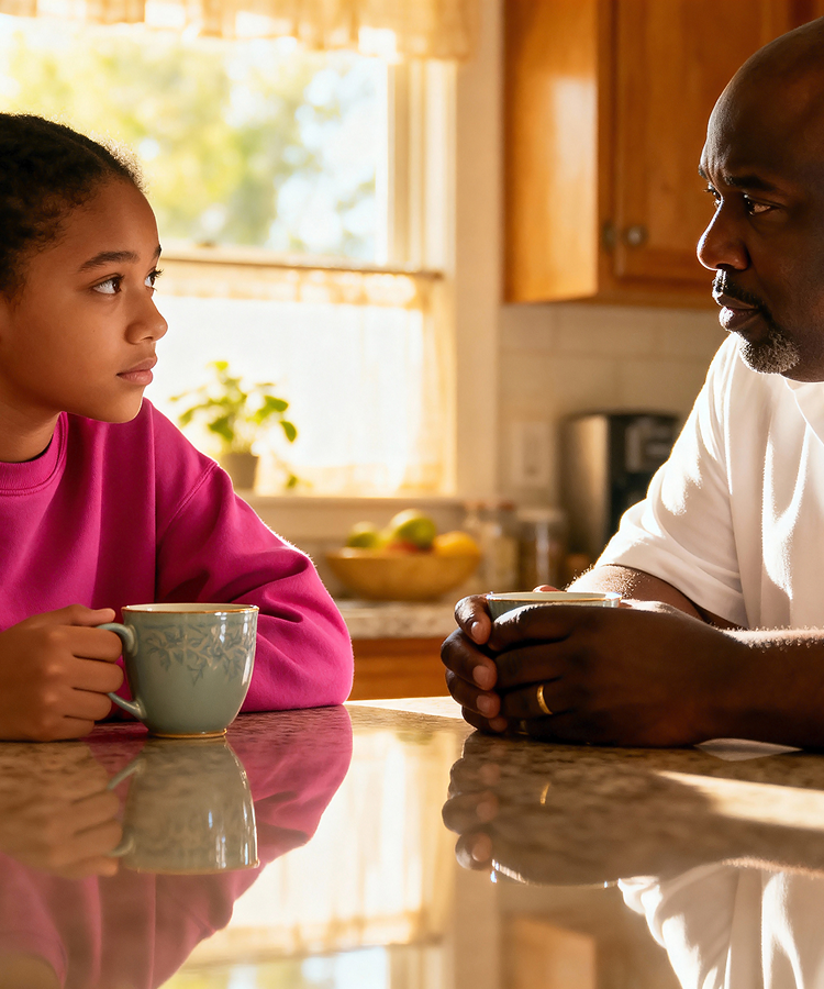 A father and daughter share a joyful moment together, smiling at each other on a cozy couch at home