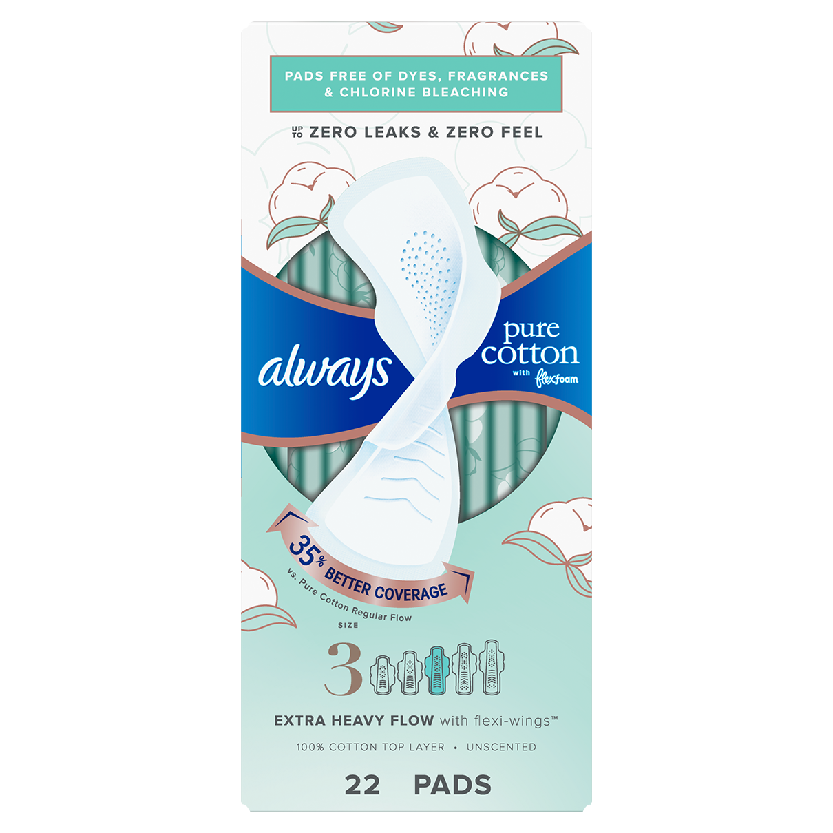 Always Pure Cotton with FlexFoam Size 3 Extra Heavy Flow Pads with