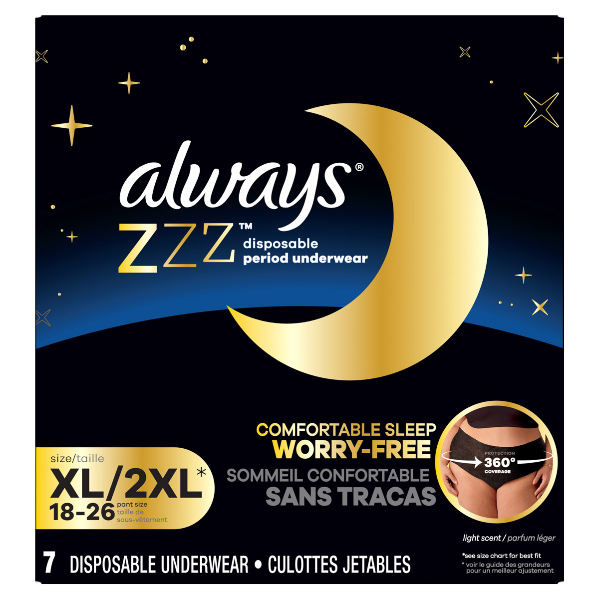 Always ZZZ disposable period underwear package showcasing comfort and worry-free sleep, size XL/2XL, 7 count